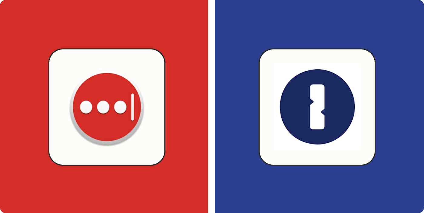 Hero image for app comparisons with the LastPass logo on a red background and the 1Password logo on a blue background