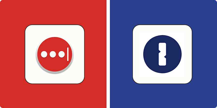 Hero image for app comparisons with the LastPass logo on a red background and the 1Password logo on a blue background