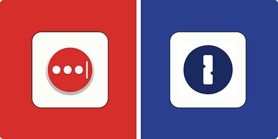 Hero image for app comparisons with the LastPass logo on a red background and the 1Password logo on a blue background