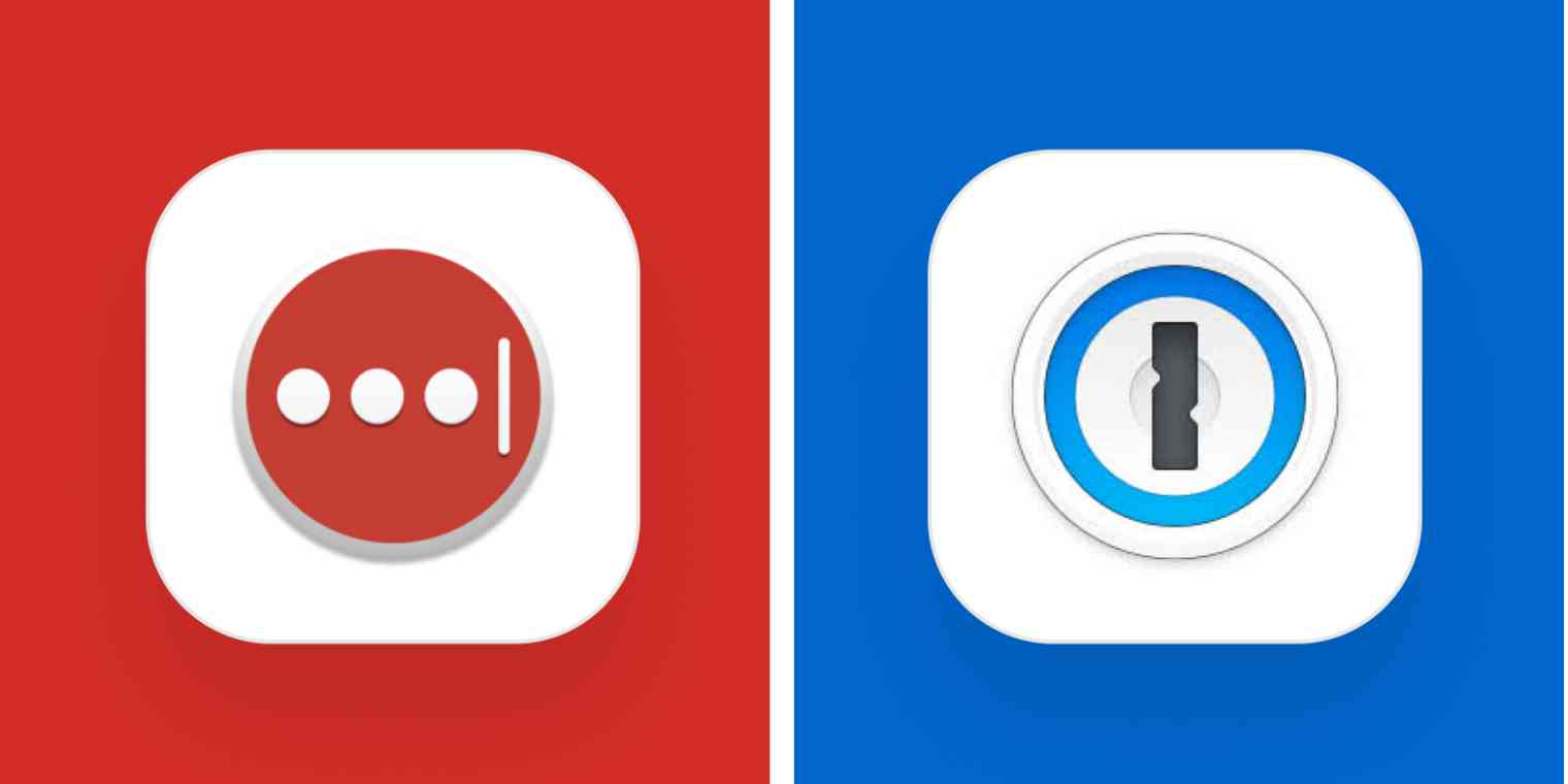 Hero image for app comparisons with the LastPass logo on a red background and the 1Password logo on a blue background