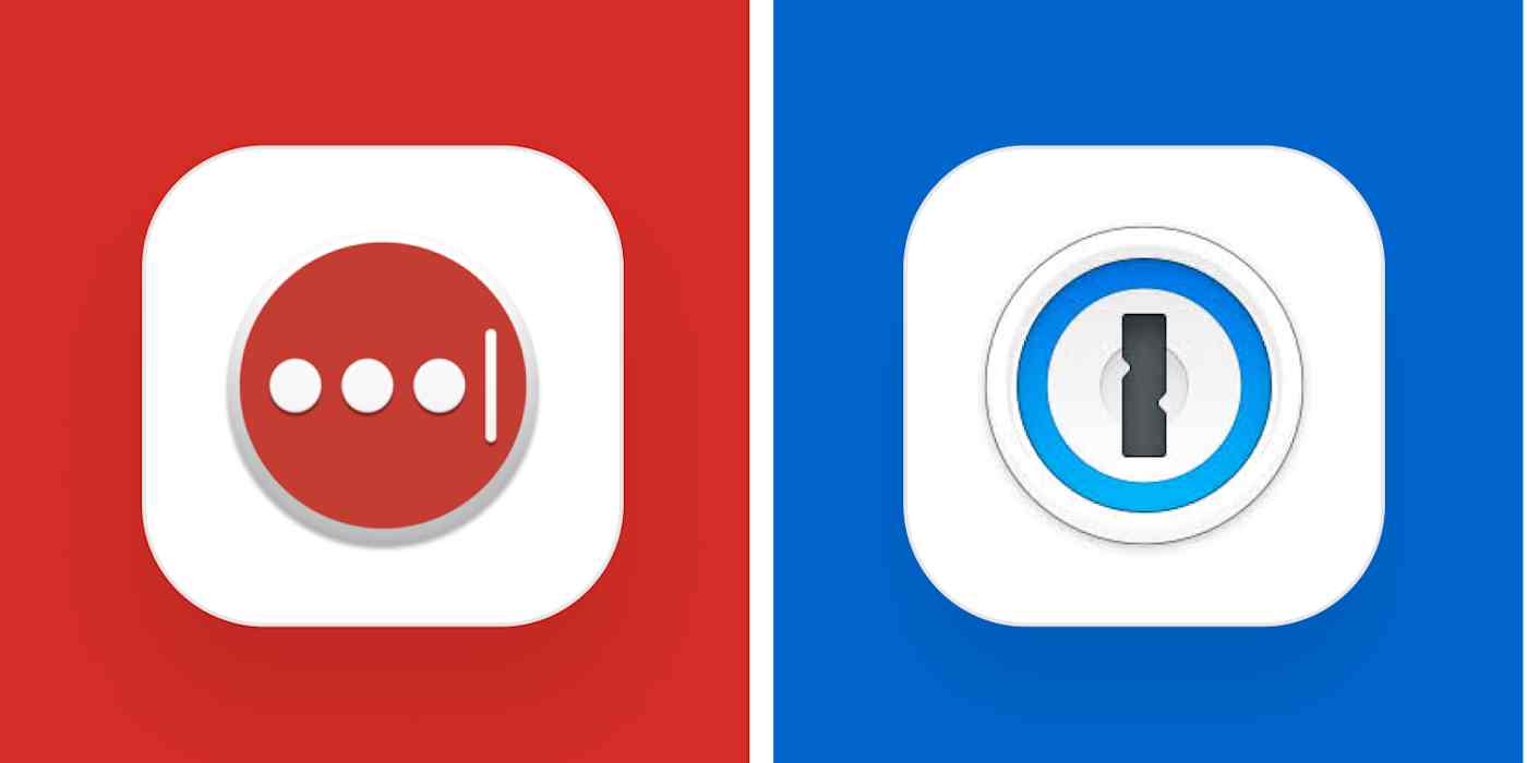 Hero image for app comparisons with the LastPass logo on a red background and the 1Password logo on a blue background