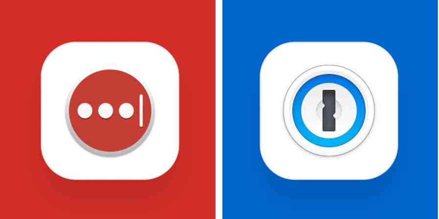 Hero image for app comparisons with the LastPass logo on a red background and the 1Password logo on a blue background
