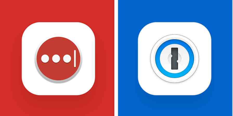 Hero image for app comparisons with the LastPass logo on a red background and the 1Password logo on a blue background