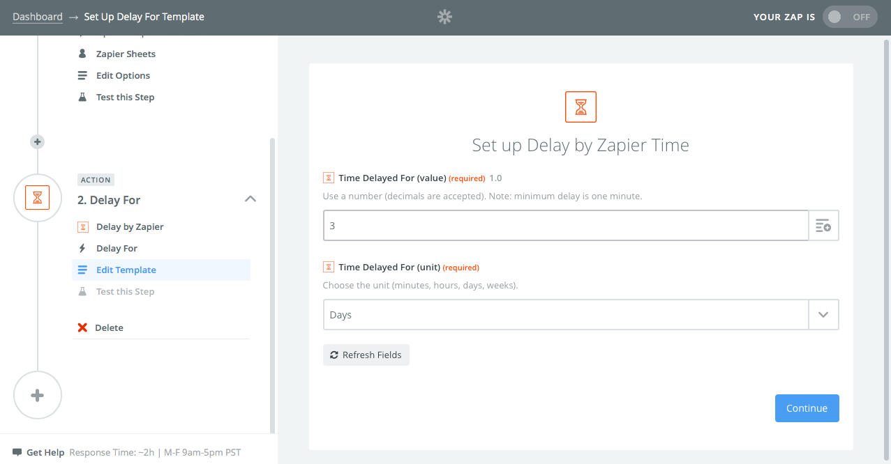 select delay time in Zapier