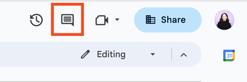 Comment history icon above the toolbar in Google Docs. 