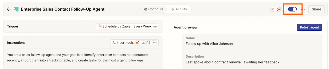 Screenshot of toggle switch on button in Agents