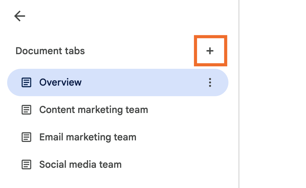 Document tabs in the left panel of a Google Doc. The option to add a new tab is highlighted.