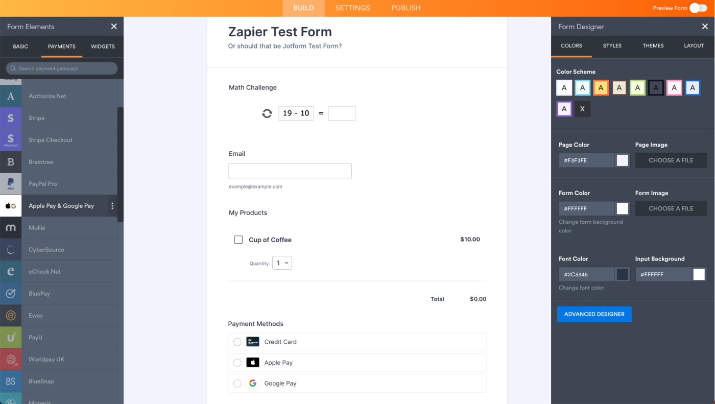 A Jotform form with a Tic-Tac-Toe captcha and payment methods option