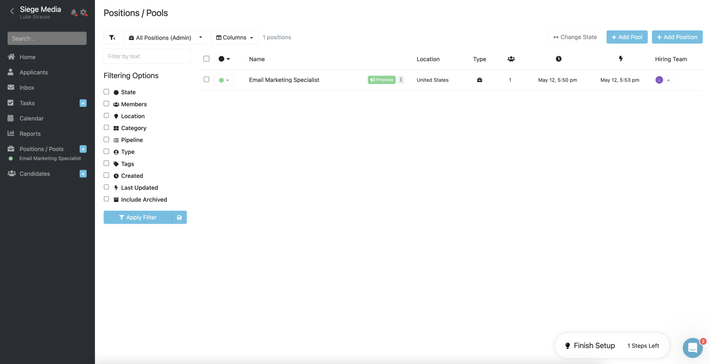 Screenshot of Breezy HR's positions/pools dashboard.
