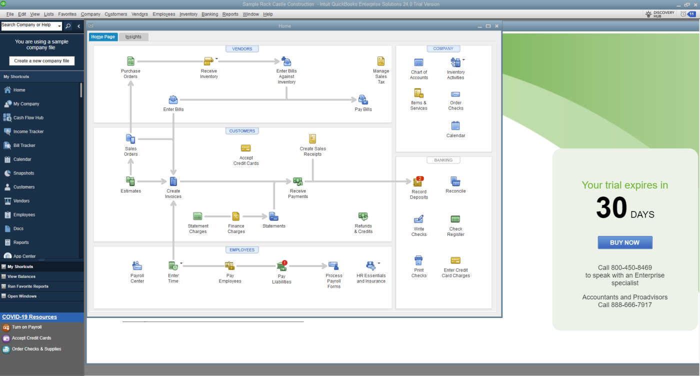 Screenshot of the writer's QuickBooks Desktop's dashboard interface