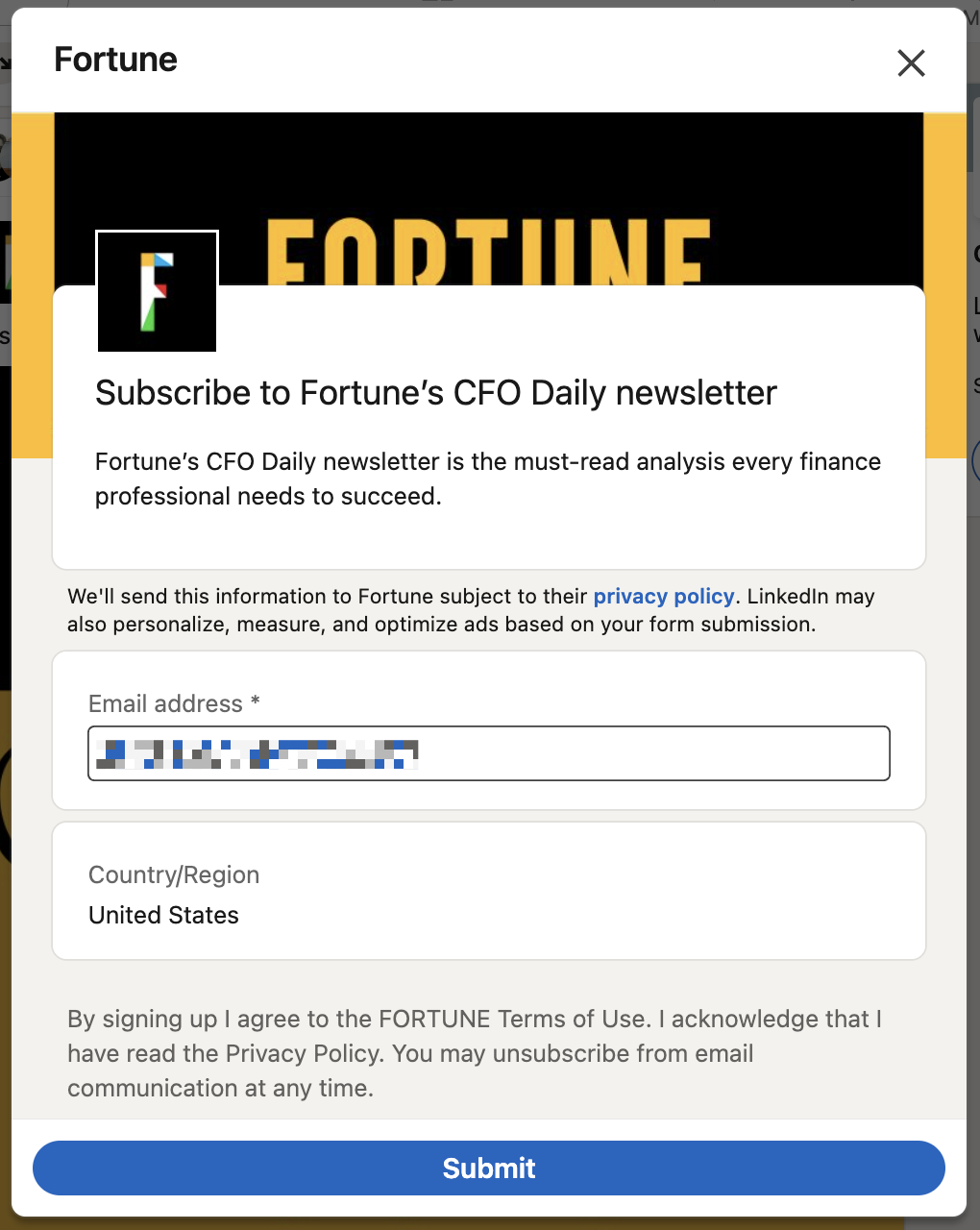 The LinkedIn lead gen form with just an email address field