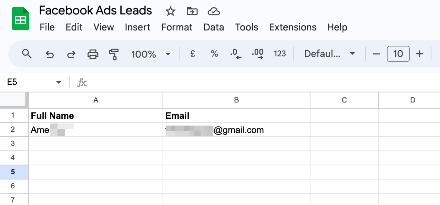 A Google Sheets spreadsheet with a name and email filled in.