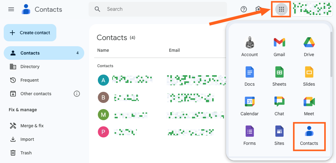 Screenshot of where to find your contact list in Gmail