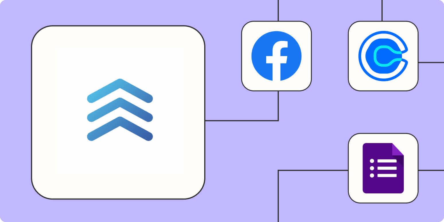 A hero image of the Follow Up Boss app logo connected to other app logos on a light purple background.