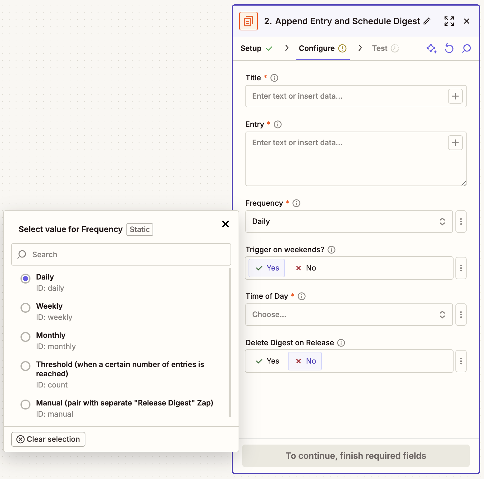 A window in the Zap editor that shows options for digest frequency