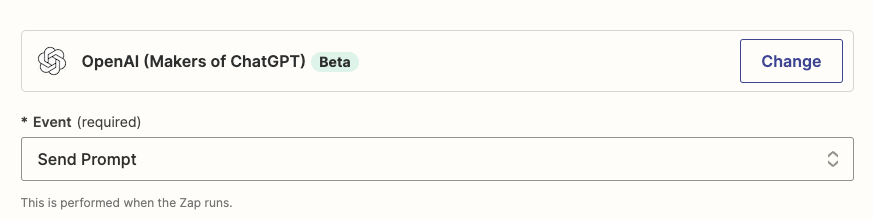 Select the OpenAI app and the Send Prompt event. 