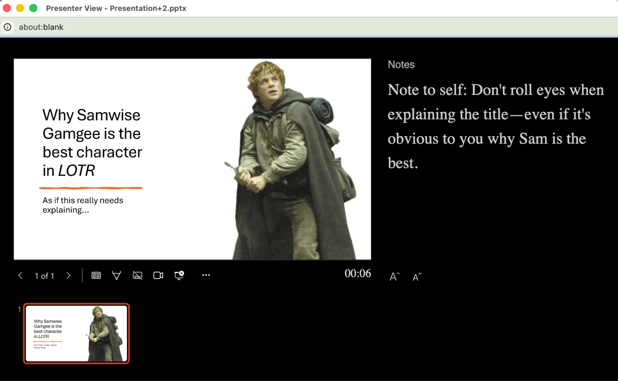 Presenter view in PowerPoint with a side-by-side view of the presentation and notes. 