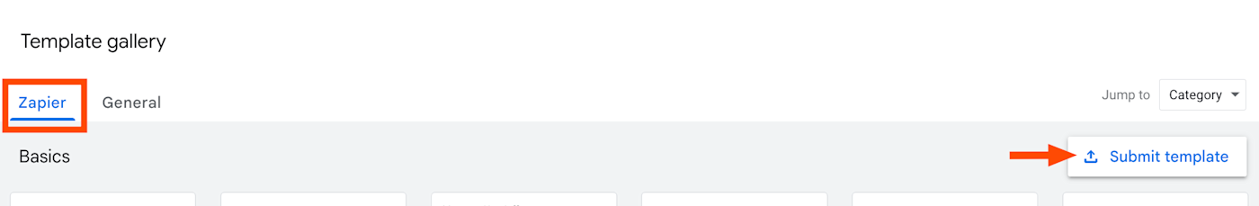 Template gallery in Google Docs for Zapier's Google Workspace account. An arrow points to the "Submit template" button on the far right.