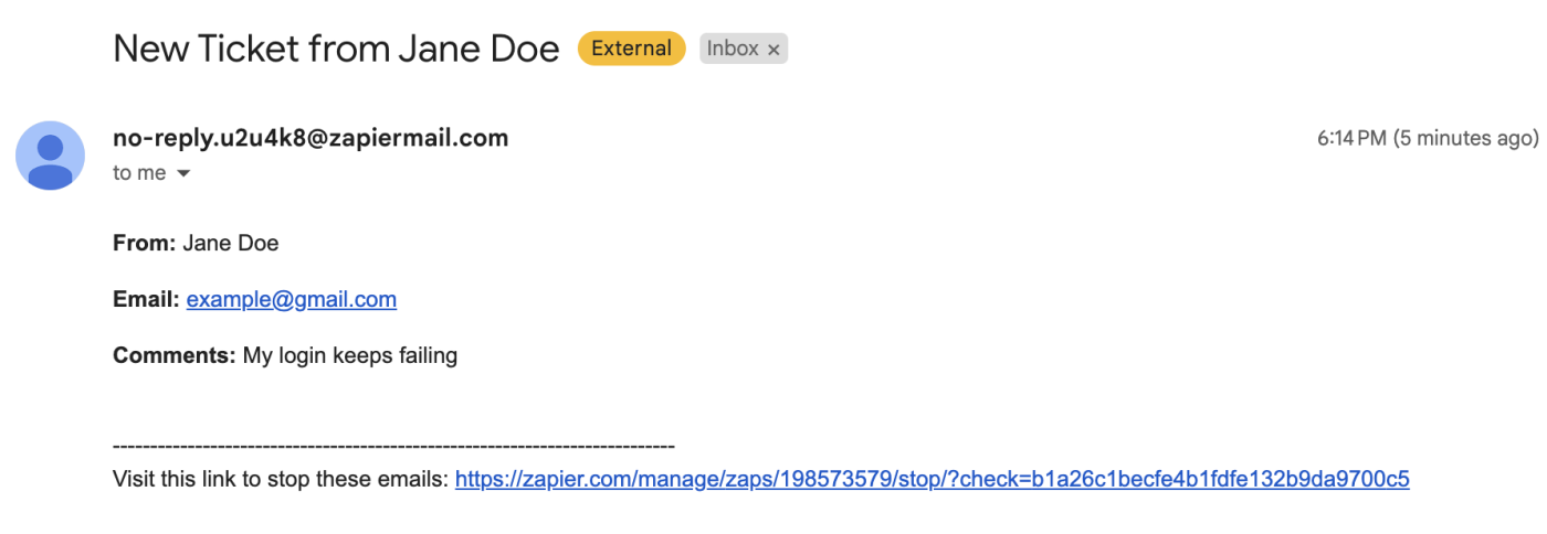 Screenshot of email sample