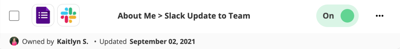A green toggle button to turn on a Zap called About Me > Slack Update to Team