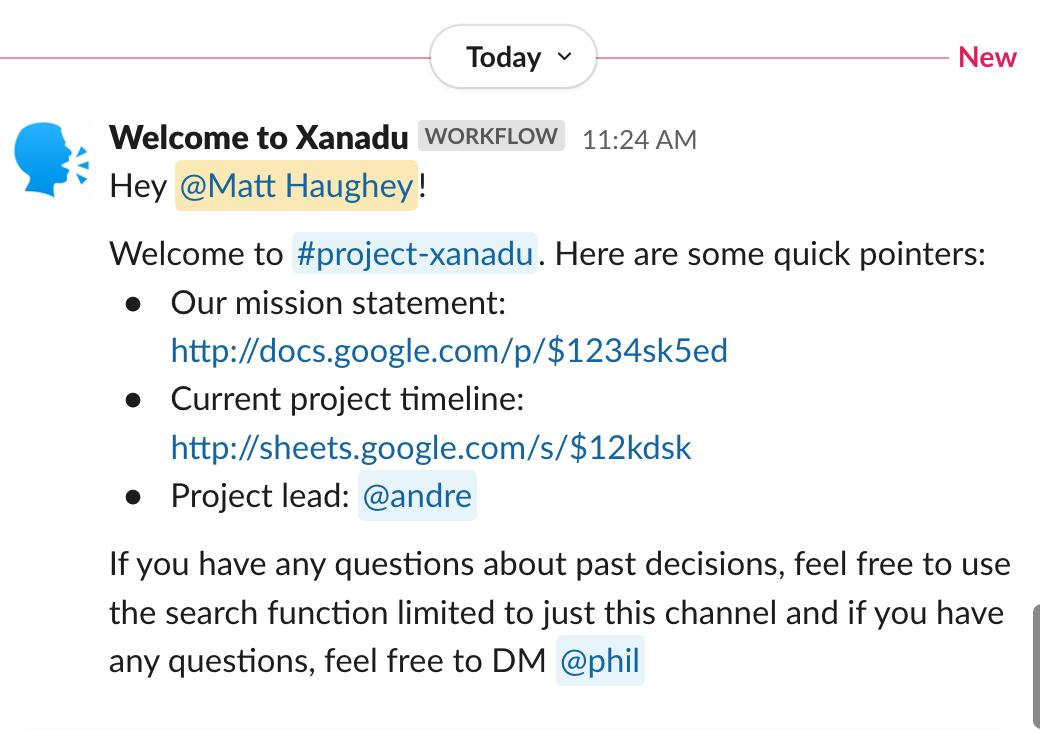 A welcome message in a Slack channel from a workflow