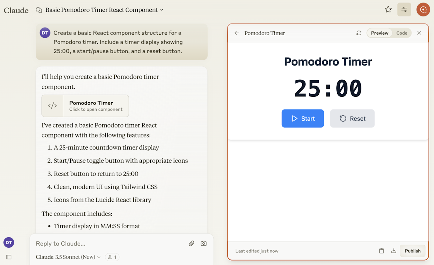 Example of a Claude Artifact containing a Pomodoro timer. 