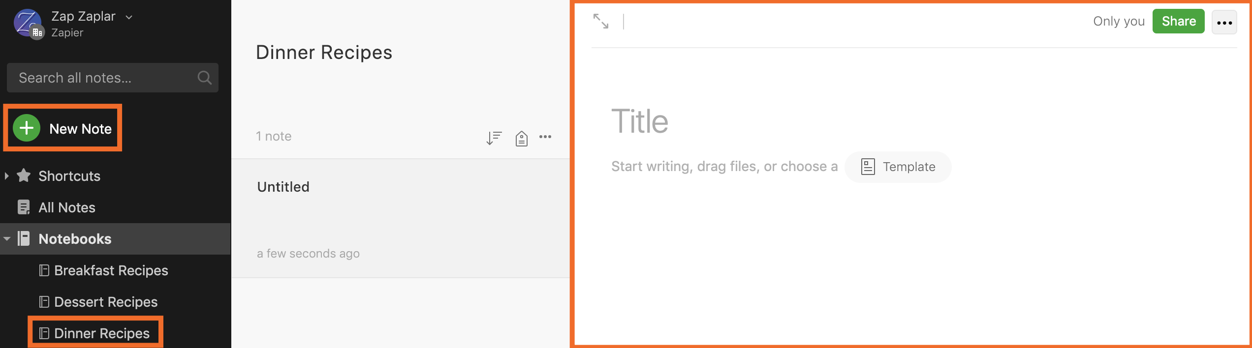 Create note within a notebook