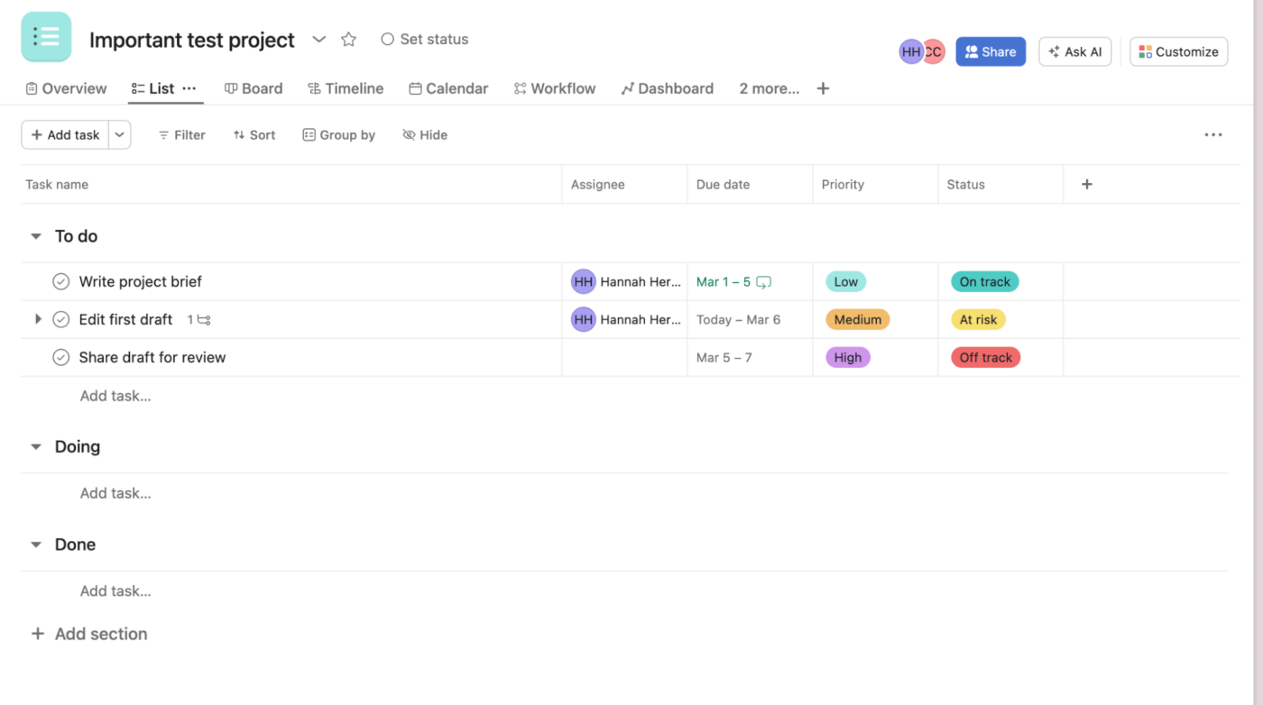 Filter the list view in Asana