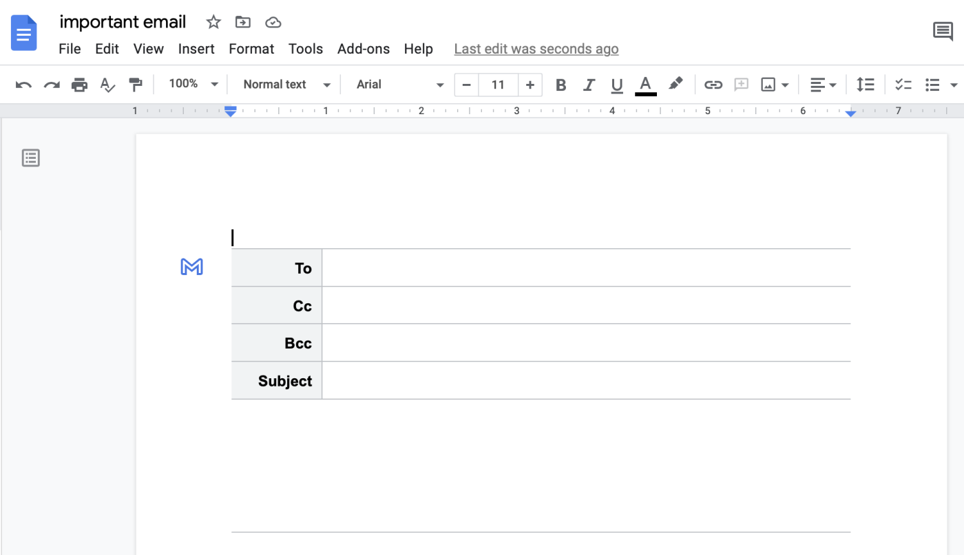 A blank email template in Google Docs