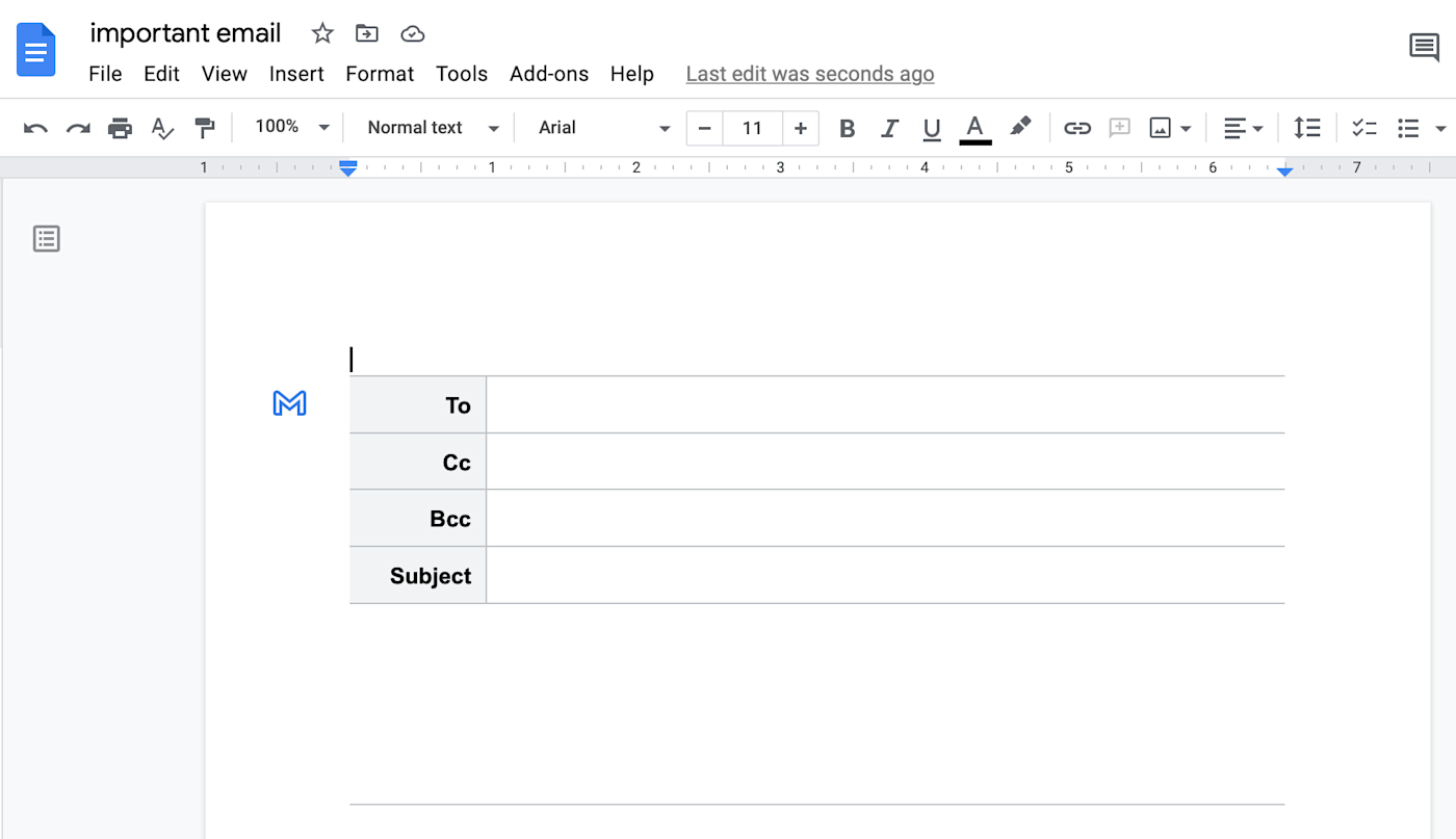 A blank email template in Google Docs