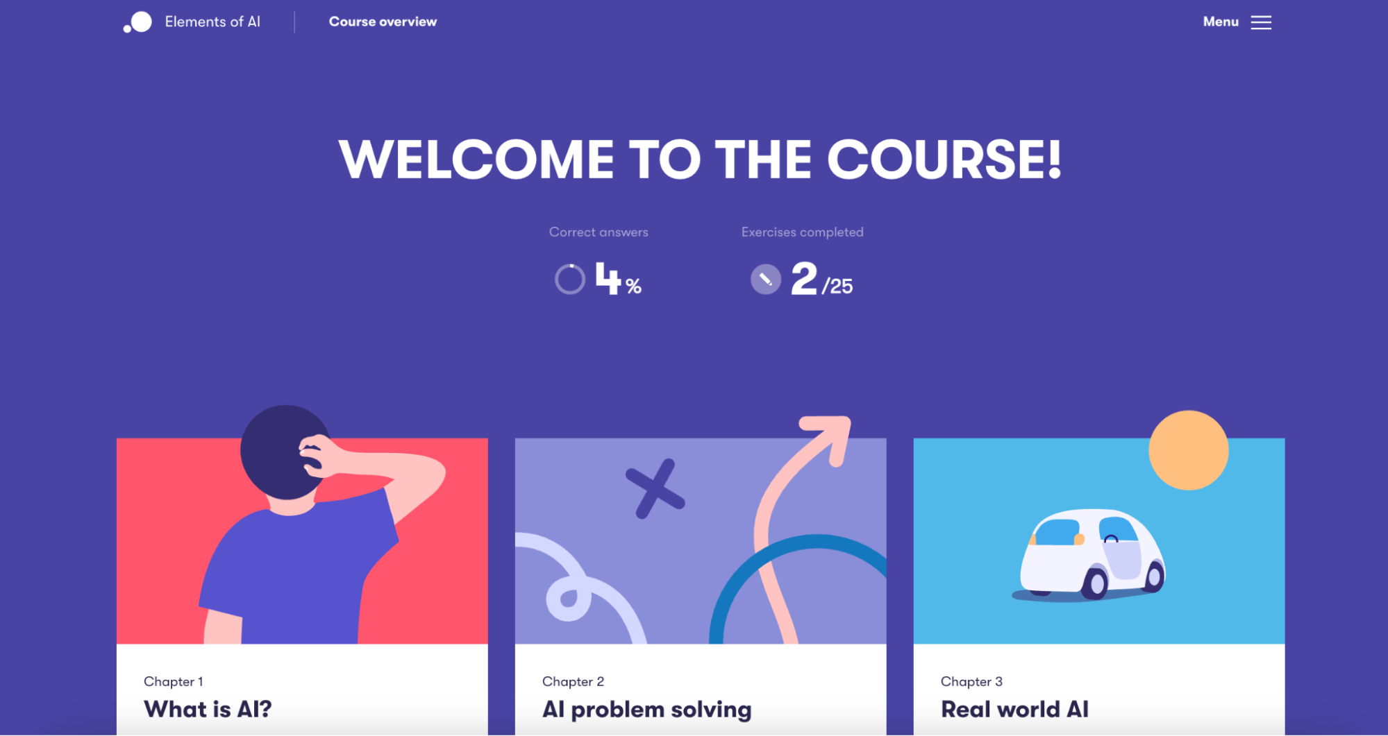 The homepage of Elements of AI, one of the best AI courses