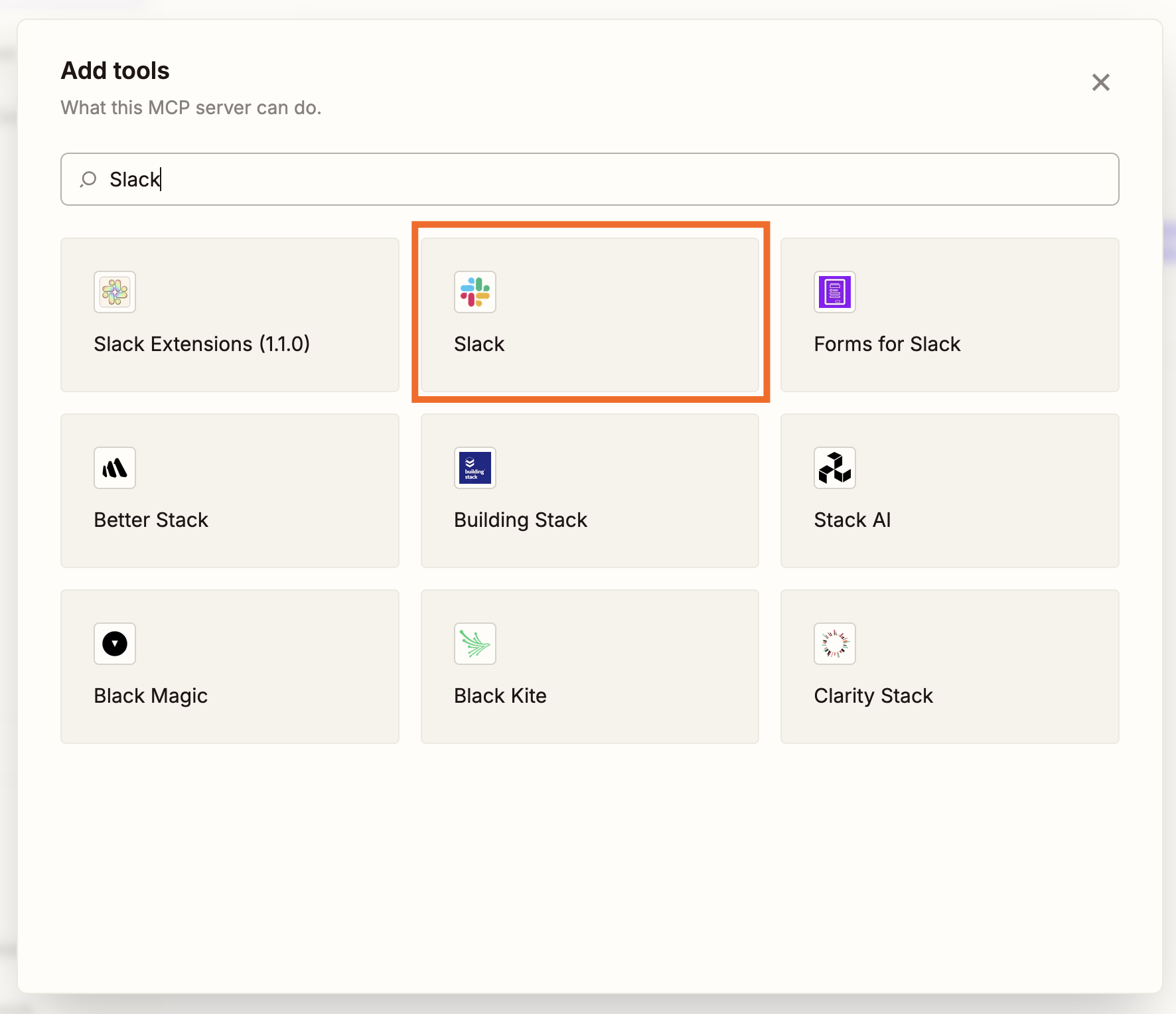 Under Add tools, an orange box is shown around Slack.