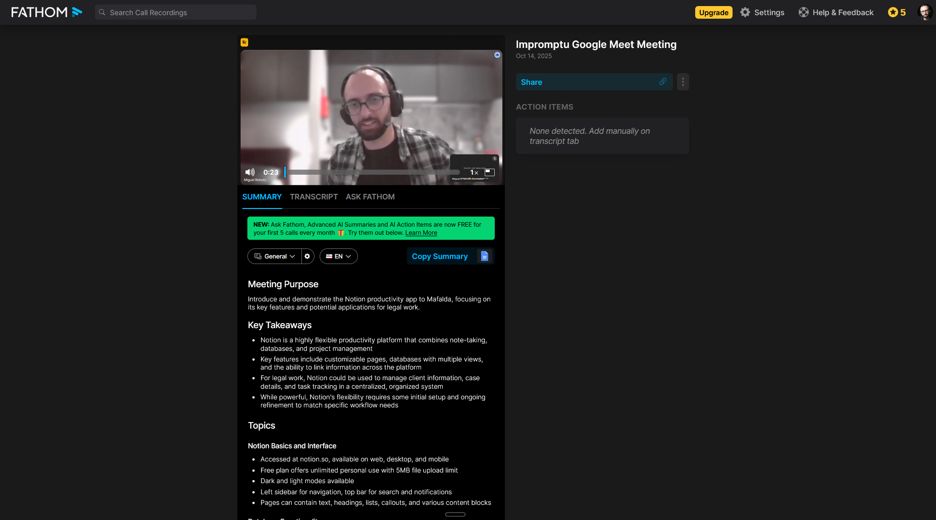 Fathom, our pick for the best free AI meeting assistant