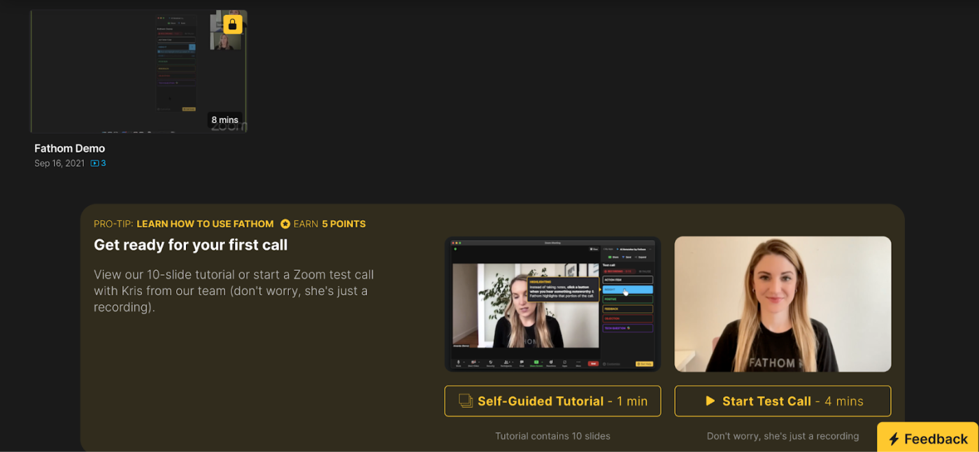 Dashboard in Fathom with buttons to view a self-guided tutorial or start a test call