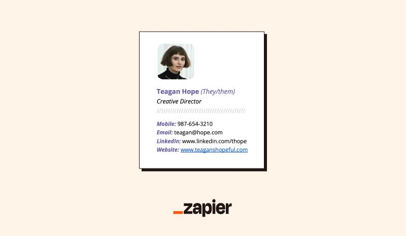 Image of a personal email signature example, including a headshot, the person's name, pronouns, title, phone number, email address, LinkedIn, and website