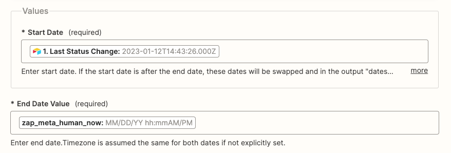 Insert the time your Zap runs into a date field. 
