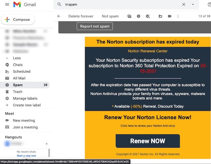 An example of a spam email from someone pretending to be Norton AntiVirus