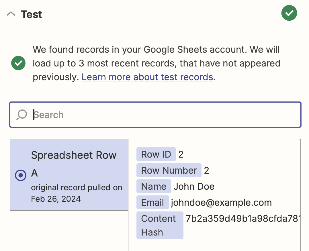 Screenshot of test data for the Google Sheets trigger