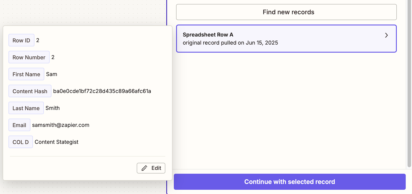Screenshot of test data for the Google Sheets trigger