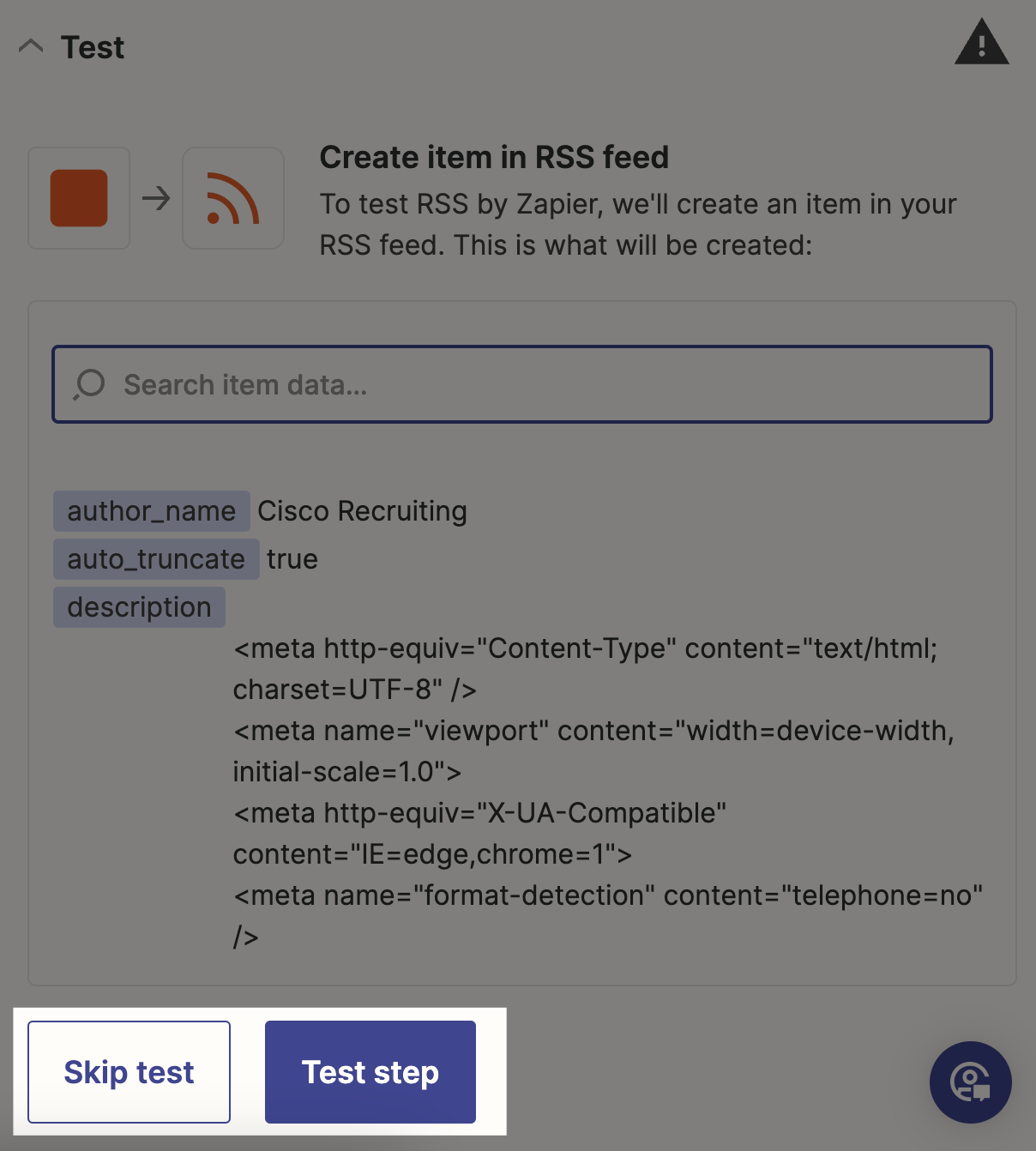 A screenshot of the test RSS by Zapier step. An arrow is pointed to the Skip Test link, and a box highlights the testing buttons.