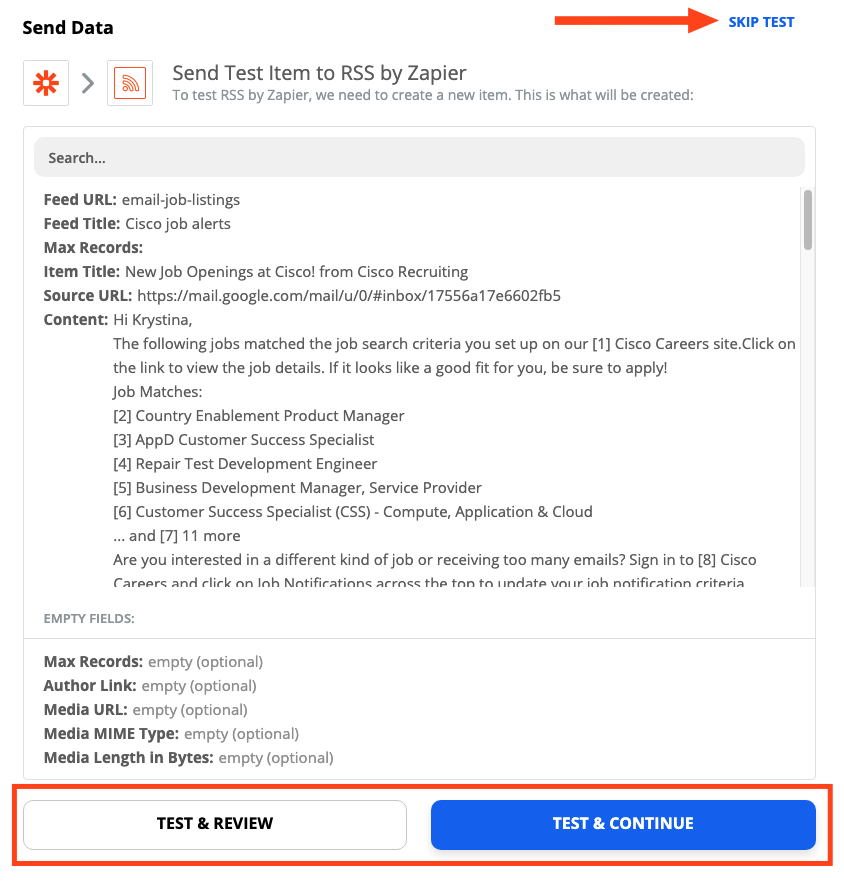 A screenshot of the test RSS by Zapier step. An arrow is pointed to the Skip Test link, and a box highlights the testing buttons.