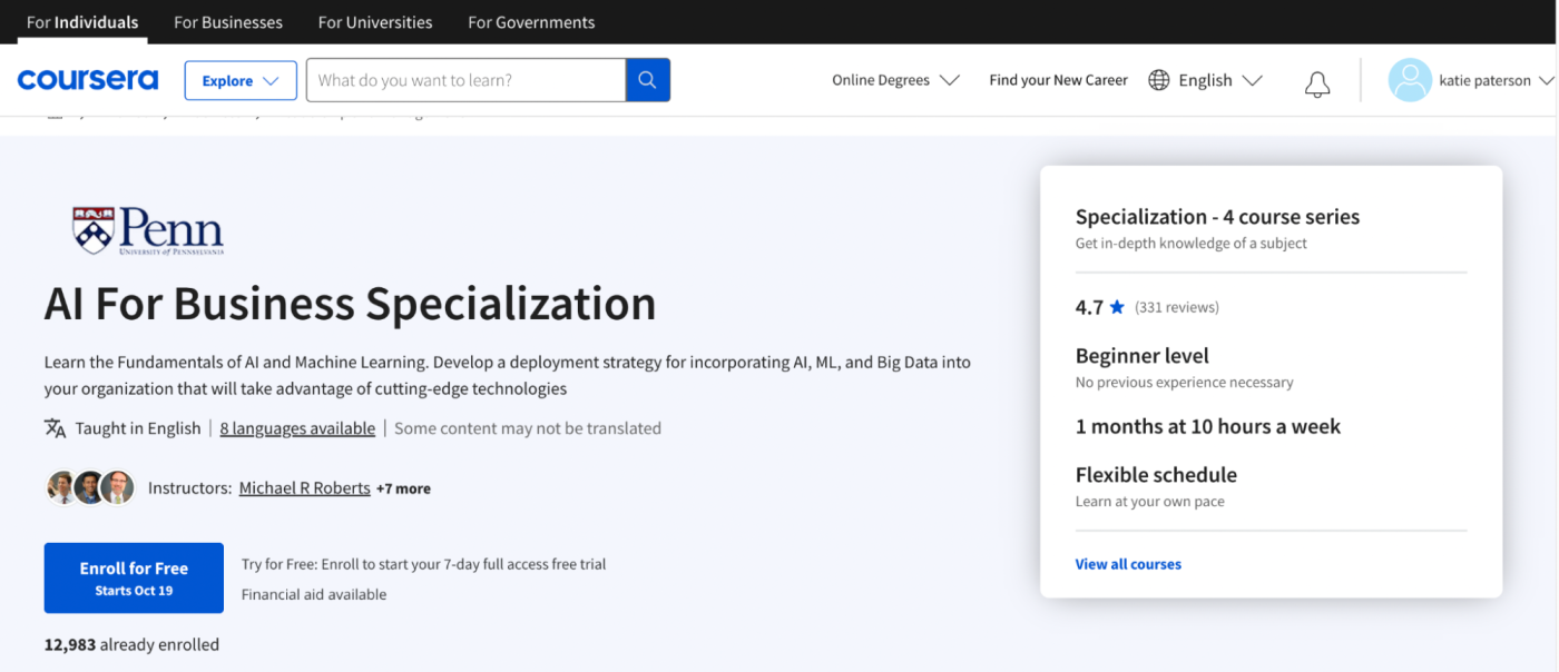 The homepage for AI for Business Specialization, of the best AI courses