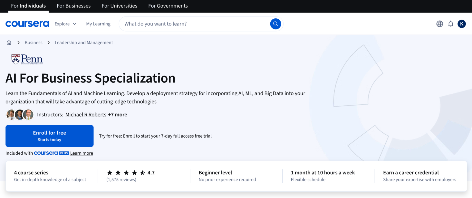 The homepage for AI for Business Specialization, of the best AI courses
