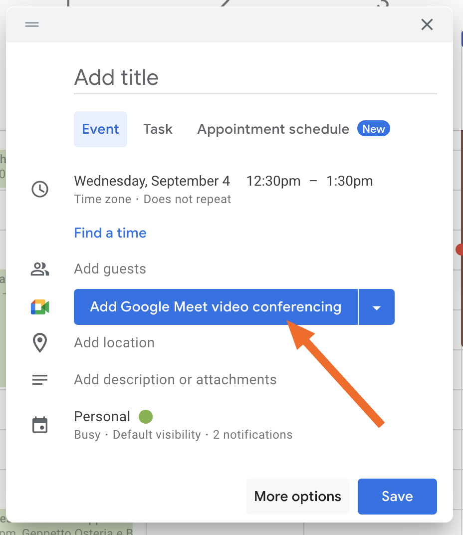 The Add Google Meet video conferencing button on Google Calendar