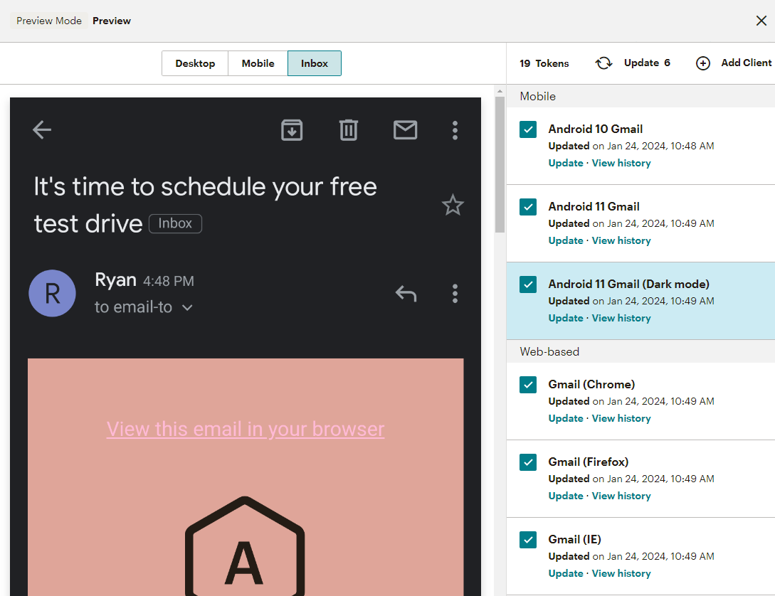 An inbox preview in Mailchimp