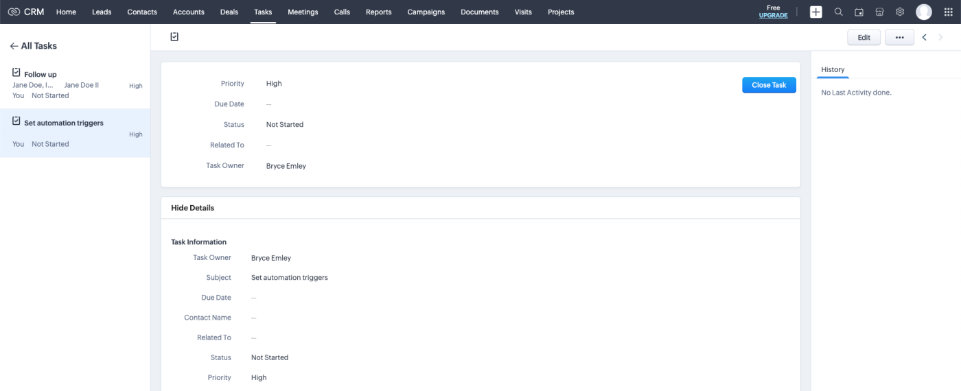 Screenshot of Zoho's tasks dashboard