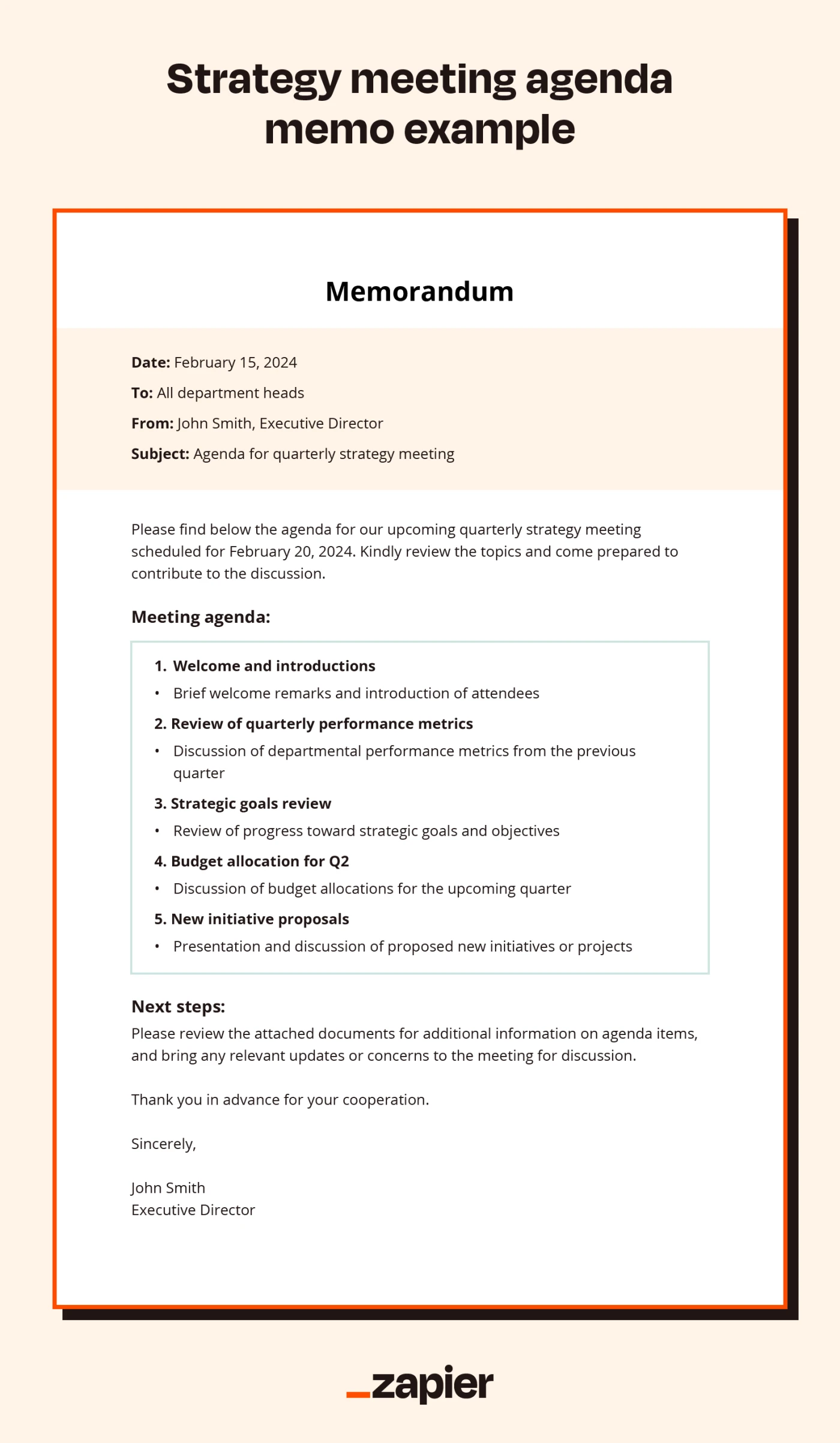 Illustrated example of a strategy meeting agenda memo on a light peach background