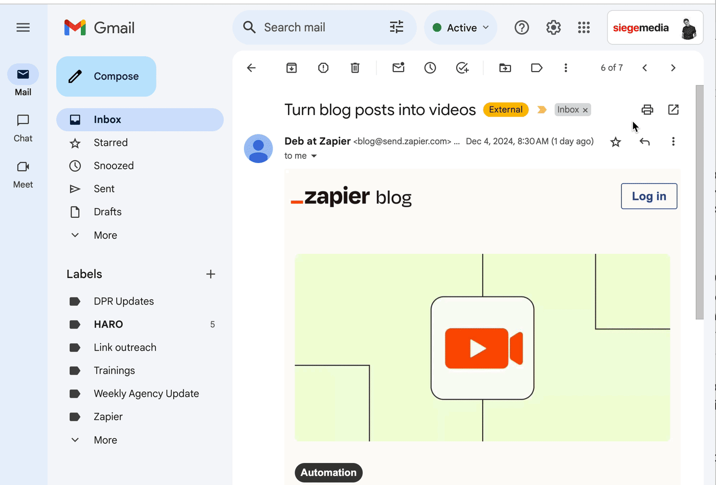 An animated gif showing how to save an Gmail email as a PDF.