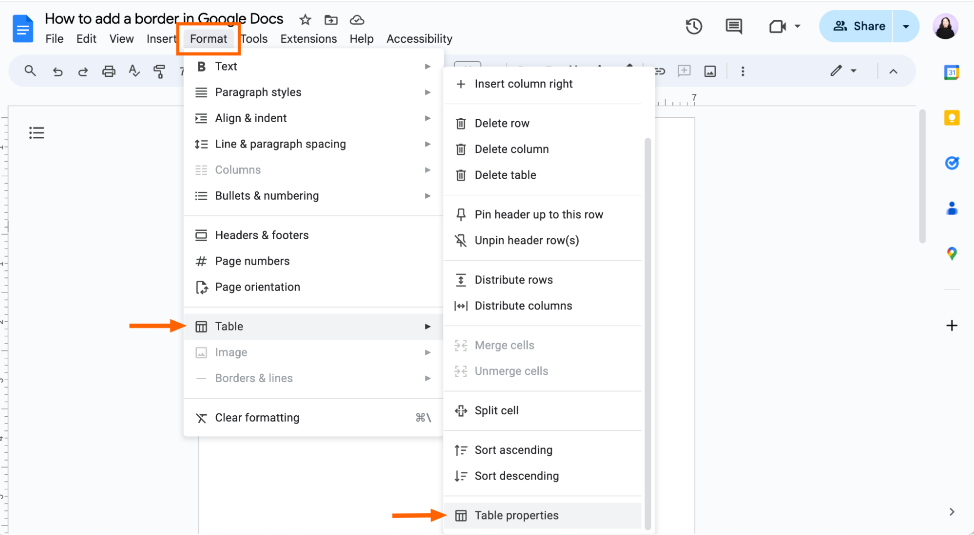 How to change table properties in Google Docs.
