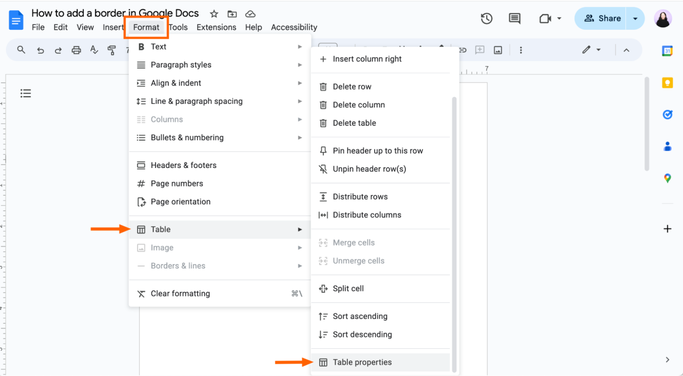 How to change table properties in Google Docs.